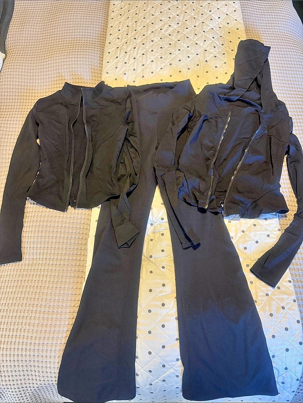 Halara Black Flare Yoga Leggings + two matching Halara long sleeve zip ups!